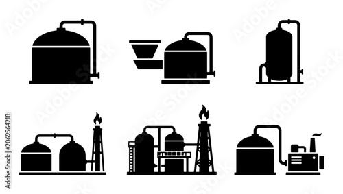 Fotografi Industrial Plant Icons, Chemical Factory Silhouettes, Oil Refinery Vector Graphi