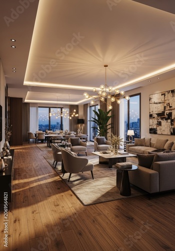 Modern luxury interior design of a spacious living room with natural light