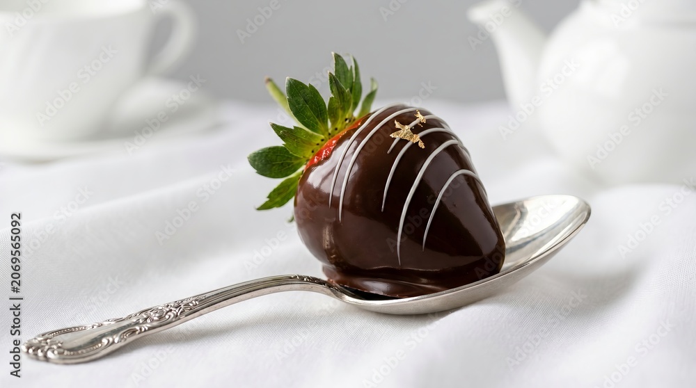 Fototapeta premium Chocolate covered strawberry on vintage silver spoon. Gourmet dark chocolate dessert with white chocolate drizzle and edible gold leaf. Elegant food photography for holiday dinner