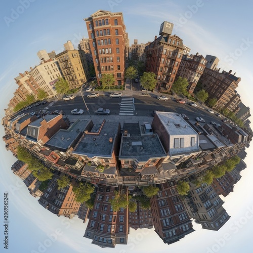 Panoramic cityscape fisheye view of buildings and street scene