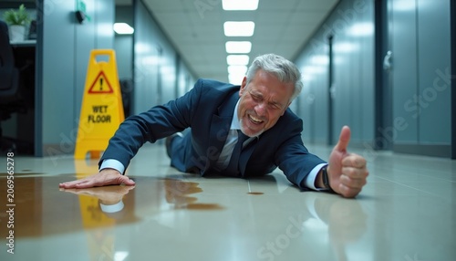 Man in suit falls on wet office floor near caution sign. Spilled coffee creates hazard. Gives thumbs up despite mishap illustrating workplace accident slip risk. Potential legal claim, injury