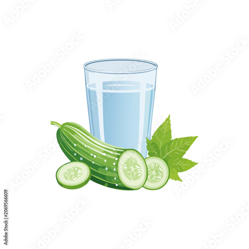 Refreshing cucumber water with sliced cucumber and green leaves on a white background, a healthy and hydrating beverage