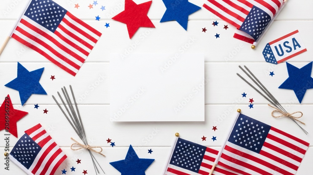Obraz premium Blank white paper card surrounded by american flags and festive stars on wooden table surface