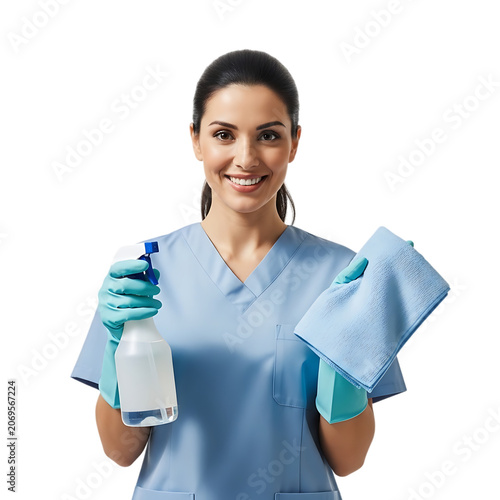Woman holding cleaning supplies and cloth smiling