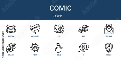 Quadro su tela Set of 10 outline web Comic icons such as shield, hi, bomb, fight, smash, envelo