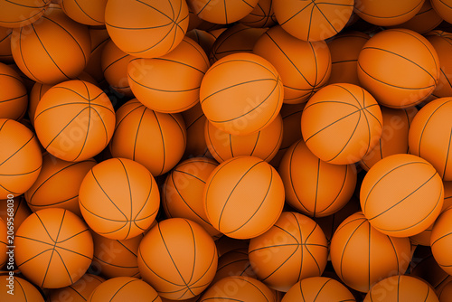 Basketball balls texture background. 3D render of many orange basketballs piled together. Sports pattern and full frame backdrop.
