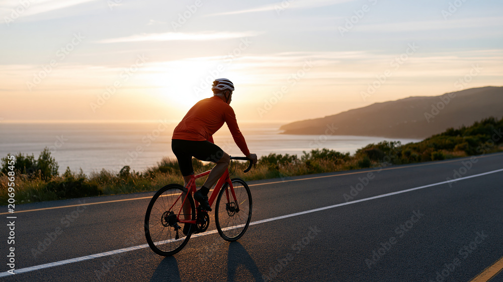Fototapeta premium Senior man cycling on a coastal road at golden hour, active aging and summer fitness lifestyle concept, with copy space