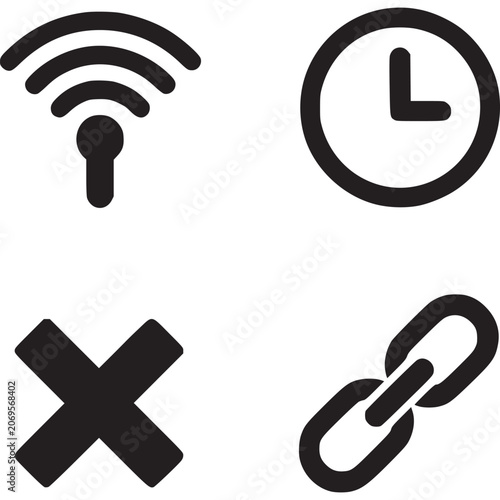 Bild auf Leinwand Set of 4 Unique Black and White Vector Icons: Wi-Fi, Clock, Cross, Link