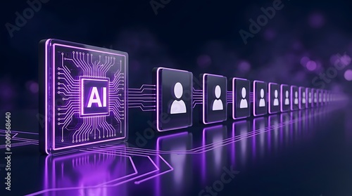 Artificial Intelligence processor chip with AI logo connecting to a line of user profile icons representing data and network connectivity