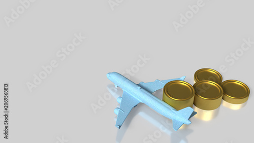 Blue Passenger Airplane With Gold Coins Travel Finance Concept 3d render.