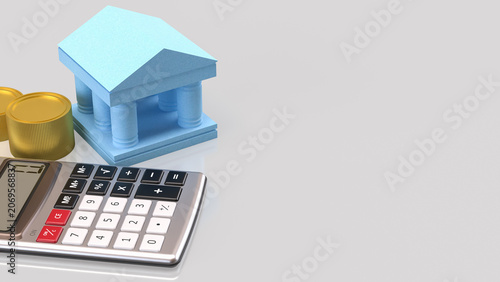Blue Bank Building With Calculator And Gold Coins Concept 3d render.