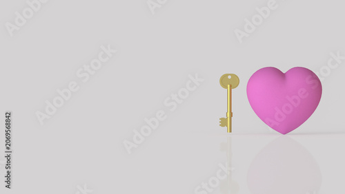 Golden Key and Pink Heart on Minimal Background 3d render.