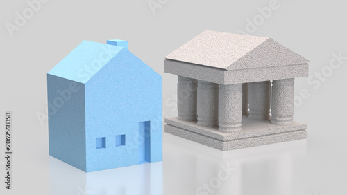 Blue House And Bank Building Comparison Concept 3d render.