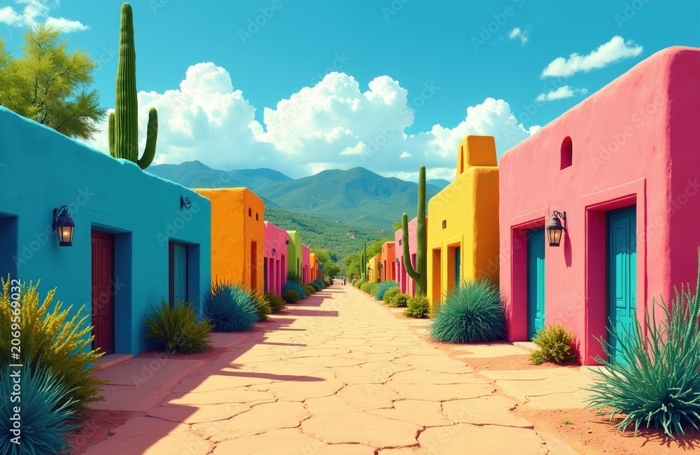 Obraz premium Vibrant desert street with colorful houses, cacti, and green shrubs under a bright blue sky with white clouds. Mountains rise in background.