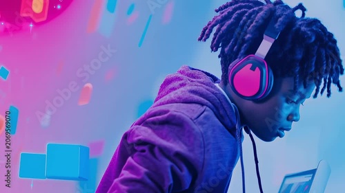 Young person wearing headphones immerses in digital virtual reality experience with glowing geometric shapes floating in vibrant neon environment filled with modern technology atmosphere