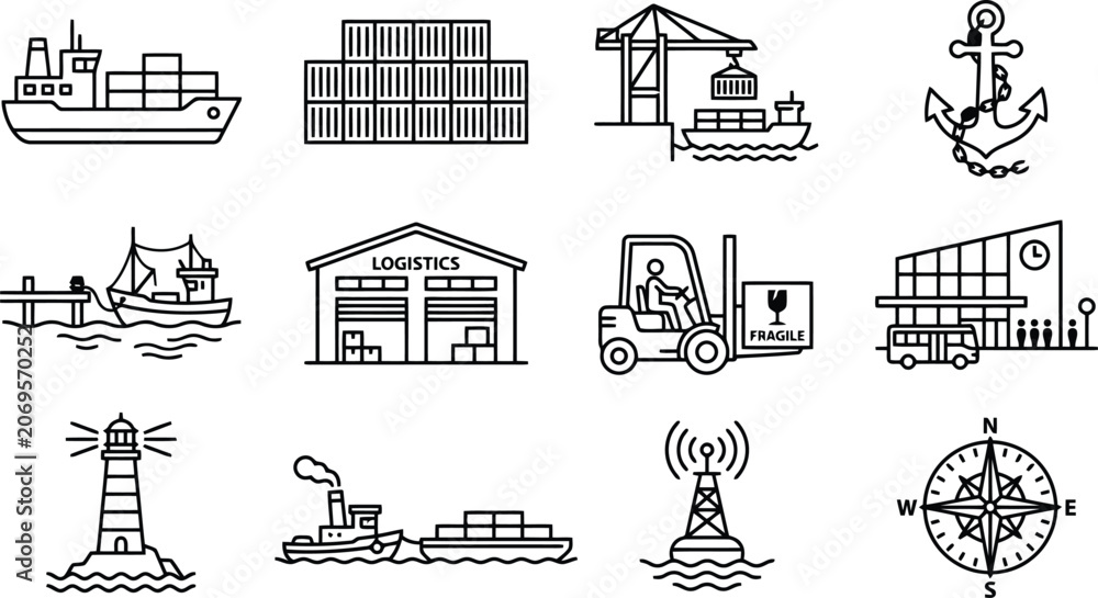 Fototapeta premium Logistics shipping and global transportation icons set in black outline
