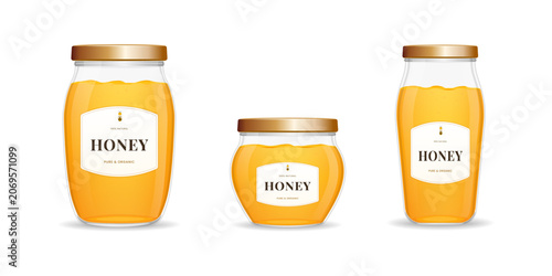 Honey jar packaging collection set with three glass container shapes