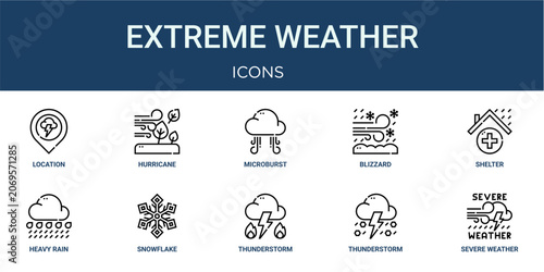 Photos Set of 10 outline web Extreme Weather icons such as severe weather, thunderstorm