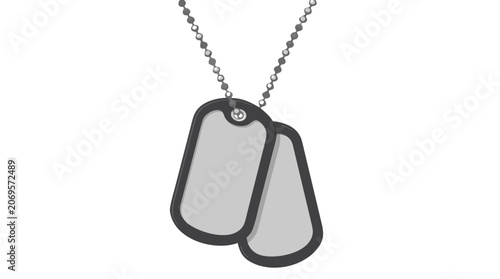Identification military dog tags hanging on metal chain, flat vector illustration of army name plates symbolizing service and identification for soldiers and veterans on light background.