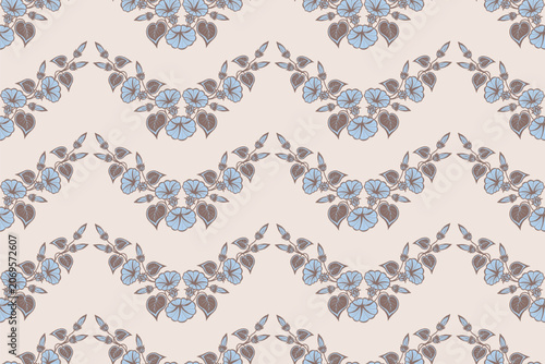 Seamless floral pattern. Wave pattern with morning glory and morning glory flowers in blue and brown on a beige background. Vector illustration.