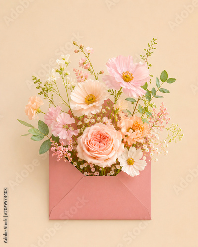 Delicate pastel flower bouquet blooming from a pink envelope on a soft neutral background.