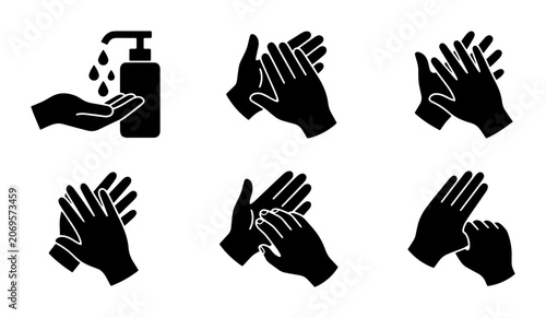 Foto Hand Washing Steps Icons, Hygiene Sequence Vector Graphics, Clean Hands Safety I
