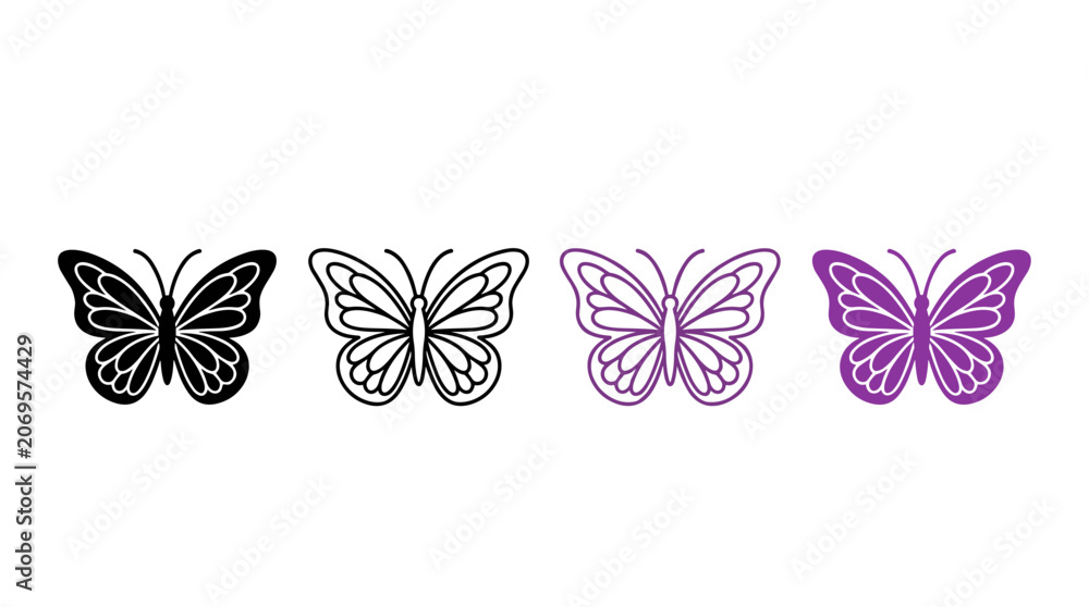 Fototapeta premium Collection of stylized butterfly illustrations in purple and black solid and outline designs vector art