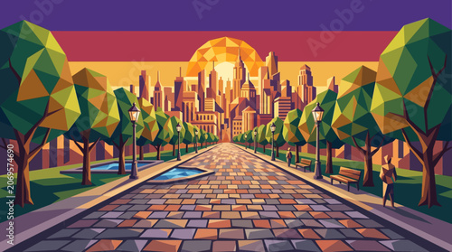 Quadro su tela Elegant cobblestone avenue lined with trees leading to a stunning city at sunris