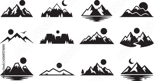 Fotografija A collection of black mountain icons featuring peaks and celestial bodies isolated on a white background