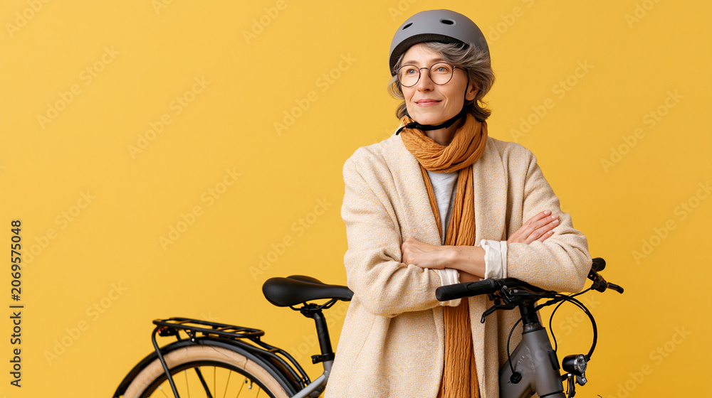Naklejka premium Confident senior woman with gray hair, wearing a helmet, stands next to her bicycle.