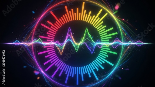 Dynamic audio sound wave visualizer displaying pulsing frequencies and vibrant spectrum bars in a circular neon animation
