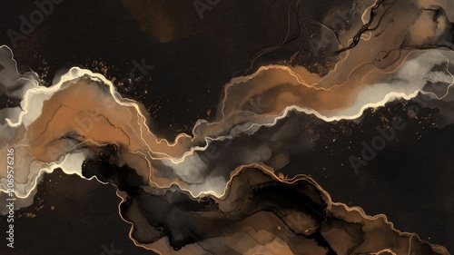 Abstract flowing waves of gold glittering ink and rich dark brown colors forming a luxurious organic texture background