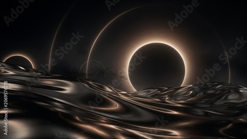 Abstract flowing liquid surface reflecting glowing rings and dark eclipses in a futuristic dark aesthetic setting