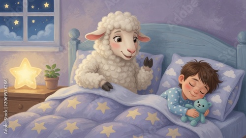 Little boy sleeping soundly in bed, a friendly sheep figure watching over him, ensuring sweet dreams and peaceful rest