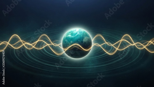 Earth experiencing global communication and resonance with vibrating sound waves and data energy moving through space