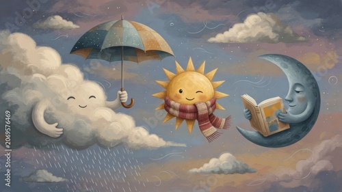 Cloud holding umbrella in rain, sun with scarf winking, and crescent moon reading book in peaceful sky