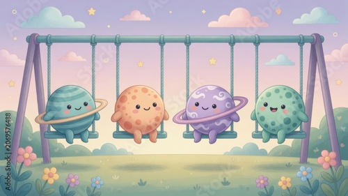 Cute cartoon planets with smiling faces swinging together on a playground swing set under a pastel sky with stars
