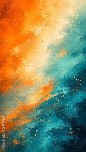 Vibrant paint splatters and brush strokes creating an abstract background featuring dynamic orange and blue gradient