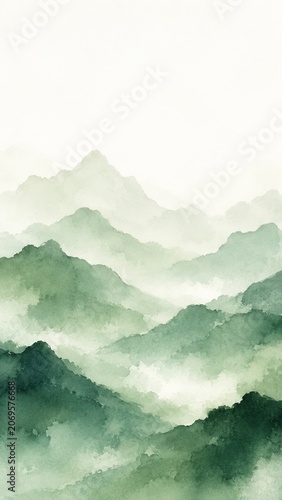 Green watercolor mountain landscape creating a serene atmosphere with misty hills and gradient shades
