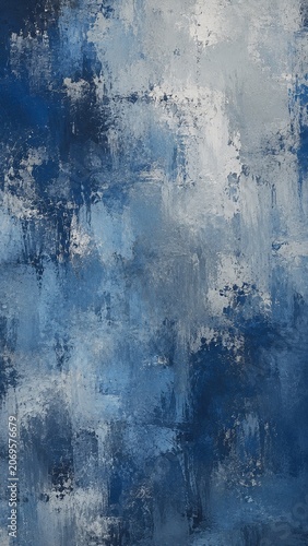 Blue and white abstract painting showcases visible brushstrokes, creating a rich textured background