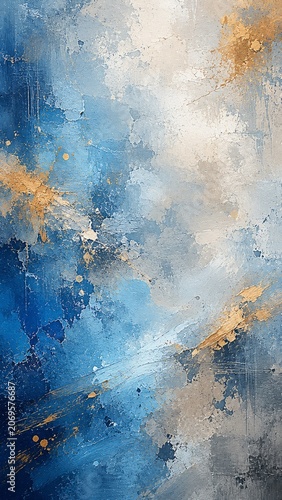 Abstract painting mixing diverse blue tones with golden splashes and rough texture, contemporary art background