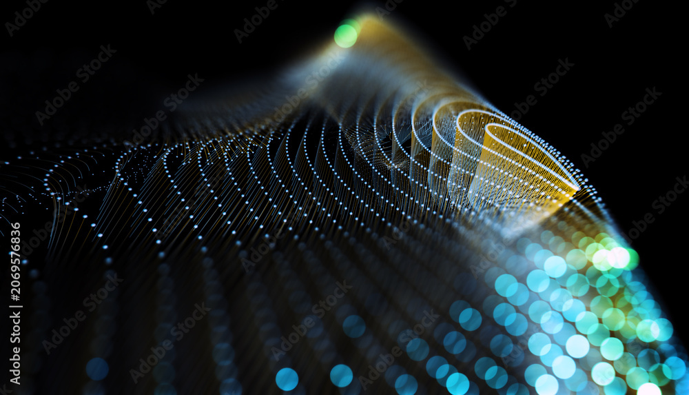 Fototapeta premium Líneas abstractas de ondas de partículas digitales de fondo brillante azul oscuro.Líneas de partículas digitales brillantes que forman ondas dinámicas sobre un fondo oscuro.Concepto ciencia
