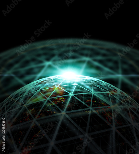  Cúpula de red digital con líneas verdes brillantes y fondo tecnológico oscuro. Cúpula geométrica verde brillante con conexiones de red sobre fondo oscuro. Concepto de Internet, redes y tecnología