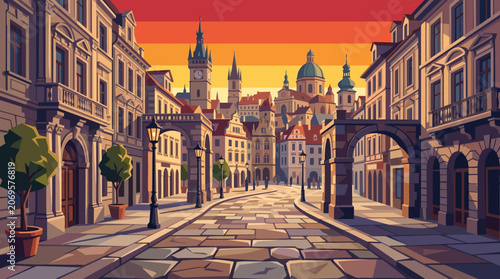 Εκτύπωση καμβά Historic stone walkway leading into a magnificent city center with glowing sunri