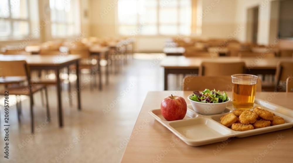 Fototapeta premium Bright School Lunch Tray with Chicken Nuggets, Sauce, Green Salad, Red Apple and Tea on Wood Table in Empty Blurred Classroom Interior