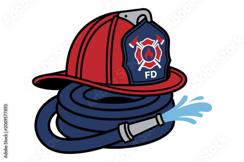 Canvas Print Firefighter helmet and coiled hose with water stream graphic.