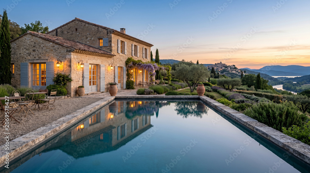 Obraz premium Rustic Luxury Stone Villa In Provence Style With Furniture On Terrace and Pool, Premium French Countryside House Estate Real Estate Tourism Banner
