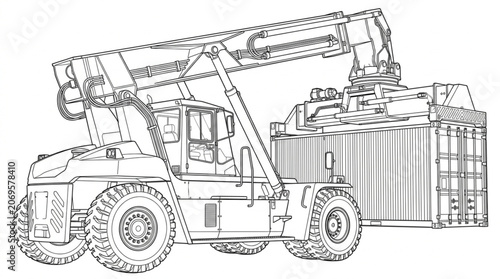Black and white line art illustration of a reach stacker vehicle lifting a shipping container
