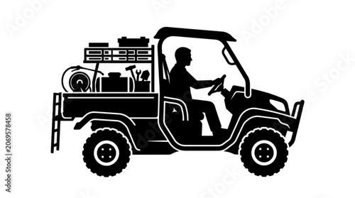 Silhouette icon of a utility terrain vehicle with a worker and equipment storage