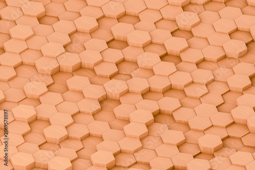 Wooden hexagon grid texture background. Isometric 3D render of abstract hexagons with wood grain pattern. Natural geometric backdrop.